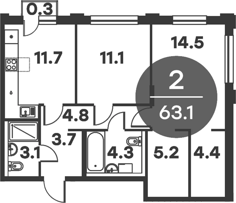 Планировка: 2-комнатная квартира 62,8 м² в ЖК «Равновесие»