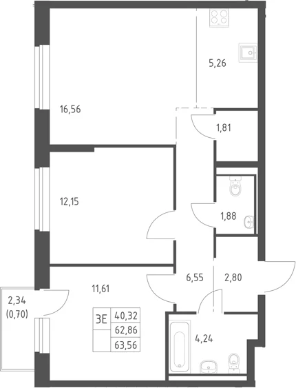 Планировка: Евротрёшка 62,9 м² в ЖК «Горки Парк»