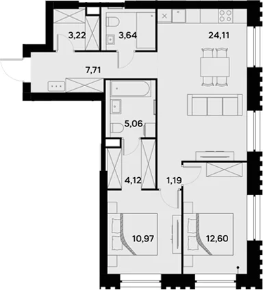 Планировка: Евротрёшка 72,6 м² в ЖК «УЛЬТИМА Сити»