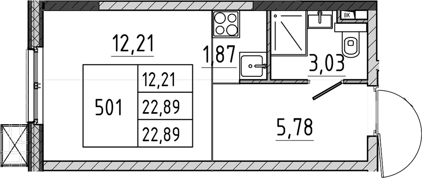 Планировка: Студия 22,9 м² в ЖК «Поварово-Молодежный-2»