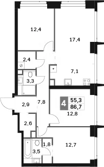 Планировка: Квартира евро-4 86,7 м² в ЖК «Амбер Сити»