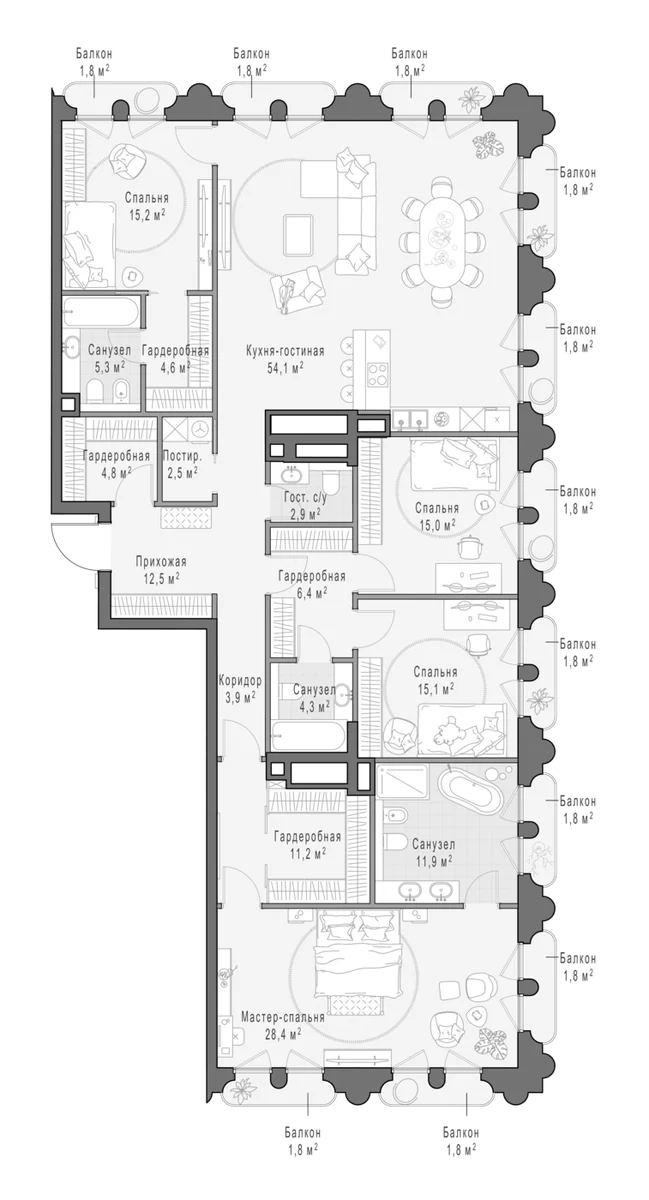 Планировка: 5-комнатная квартира 206,4 м² в ЖК «Клубный квартал Фрунзенский»