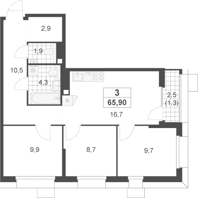 Планировка: 3-комнатная квартира 64,6 м² в ЖК «Скандинавия»