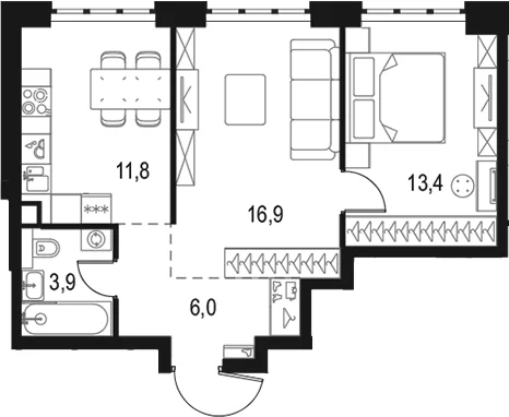 Планировка: 2-комнатная квартира 52 м² в ЖК «Левел Южнопортовая»