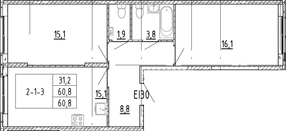 Планировка: Евротрёшка 60,8 м² в ЖК «Ягодное Река Парк»