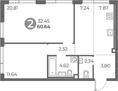 Планировка: 2-комнатная квартира 60,6 м² в ЖК «Нижегородская от Гранель»