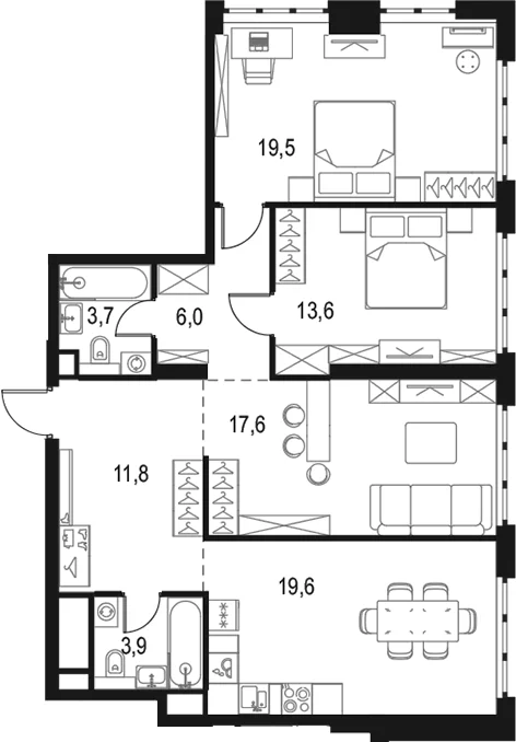 Планировка: Квартира евро-4 95,7 м² в ЖК «Левел Южнопортовая»