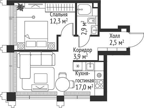 Планировка: Евродвушка 38,6 м² в ЖК «СЕТ»