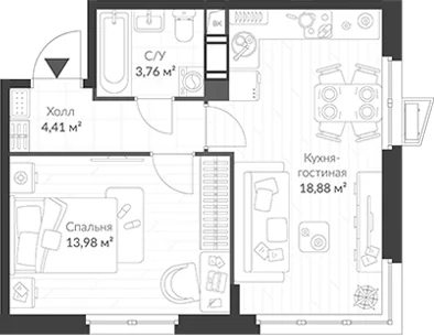 Планировка: Евродвушка 41 м² в ЖК «ВЕРЕН НОРТ Cертолово»