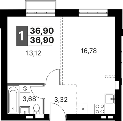 Планировка: Евродвушка 36,9 м² в ЖК «Жаворонки Клаб»