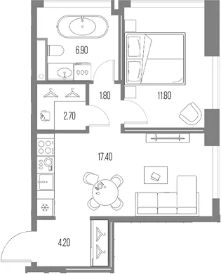 Планировка: 1-комнатная квартира 44,8 м² в ЖК «Северный Порт»