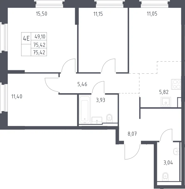Планировка: Квартира евро-4 75,4 м² в ЖК «Квартал Строгино»