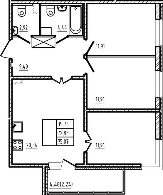 Планировка: Квартира евро-4 72,8 м² в ЖК «Новая история»
