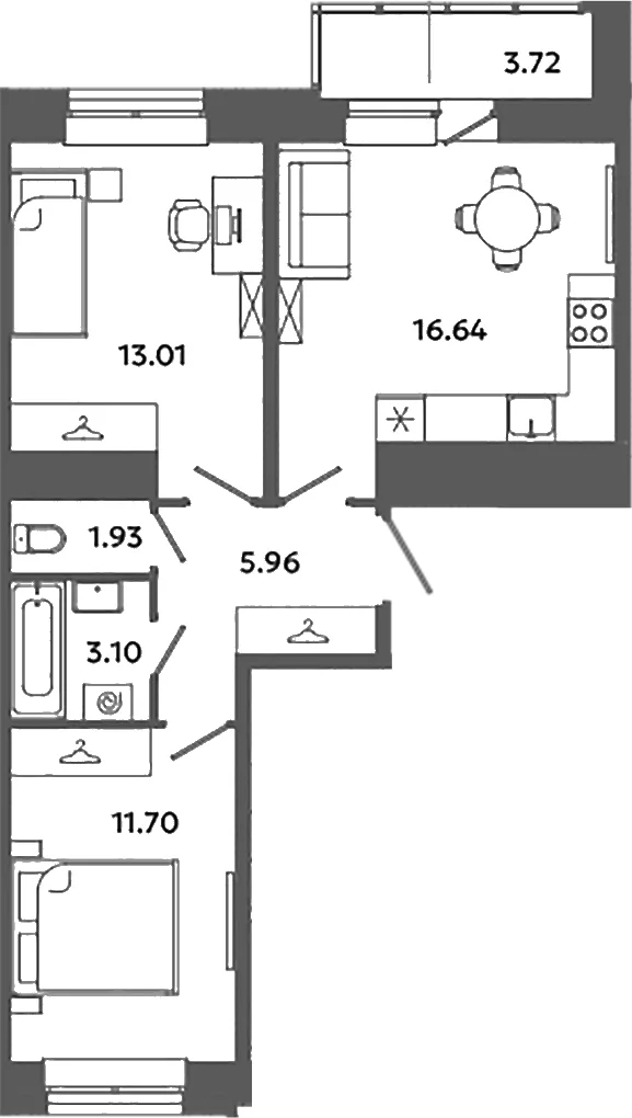 Планировка: Евротрёшка 52,3 м² в ЖК «Загляденье»