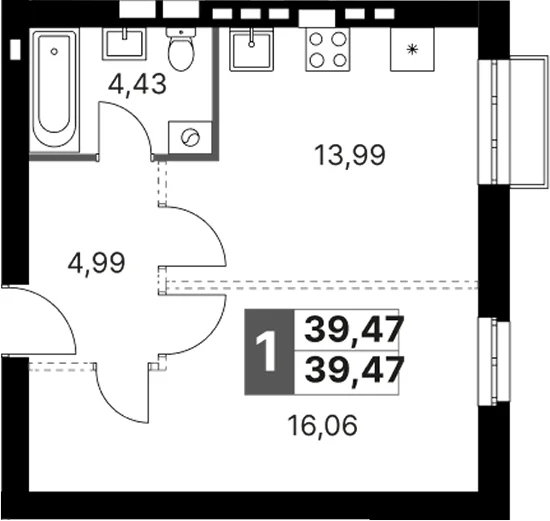 Планировка: 1-комнатная квартира 39,5 м² в ЖК «Жаворонки Клаб»