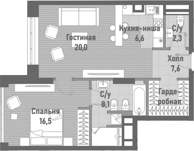 Планировка: Евродвушка 61,1 м² в ЖК «Ренессанс»
