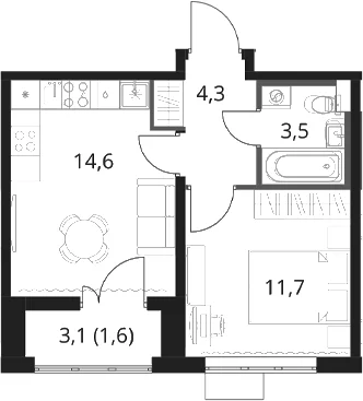 Планировка: 1-комнатная квартира 34,1 м² в ЖК «1-й Шереметьевский»