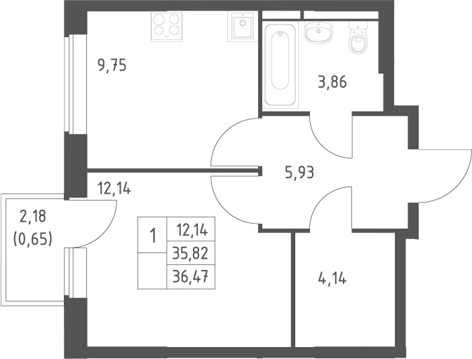 Планировка: 1-комнатная квартира 35,8 м² в ЖК «Большое Юрлово»