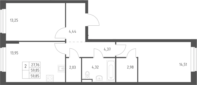 Планировка: 2-комнатная квартира 59,9 м² в ЖК «Горки Парк»