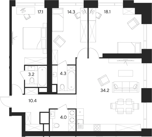 Планировка: Квартира евро-4 105,6 м² в ЖК «Инди Тауэрз от Аквилон»