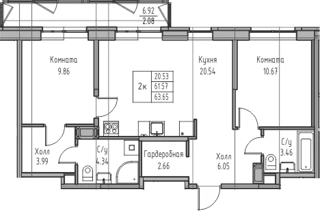 Планировка: Евротрёшка 61,6 м² в ЖК «Юнтолово»