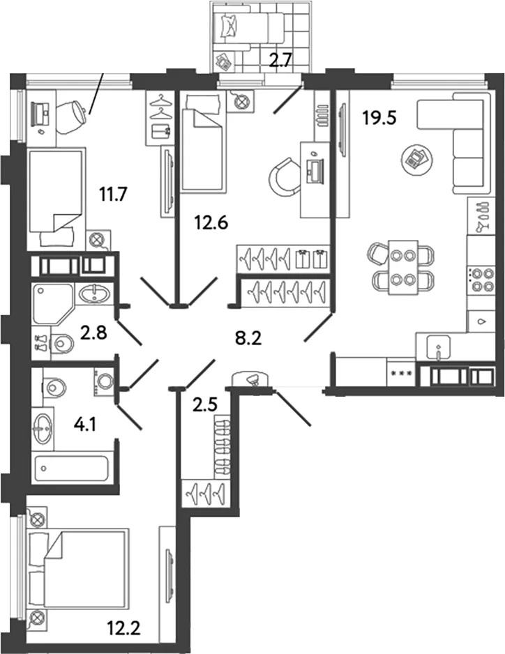 Планировка: Квартира евро-4 73,6 м² в ЖК «Гений»