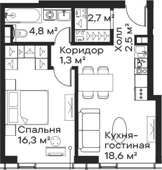 Планировка: Евродвушка 46,2 м² в ЖК «Сити Бэй»