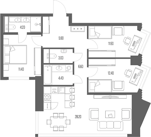 Планировка: 3-комнатная квартира 88 м² в ЖК «Северный Порт»