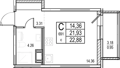 Планировка: Студия 21,9 м² в ЖК «ID Murino III»