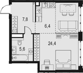 Планировка: Студия 44,2 м² в ЖК «Левел Южнопортовая»
