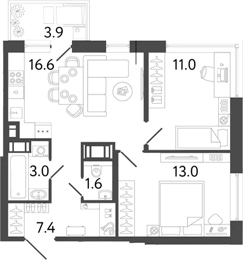 Планировка: Евротрёшка 52,6 м² в ЖК «Передвижники 2»