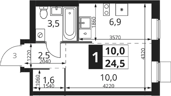Планировка: Студия 24,5 м² в ЖК «1-й Ясеневский»