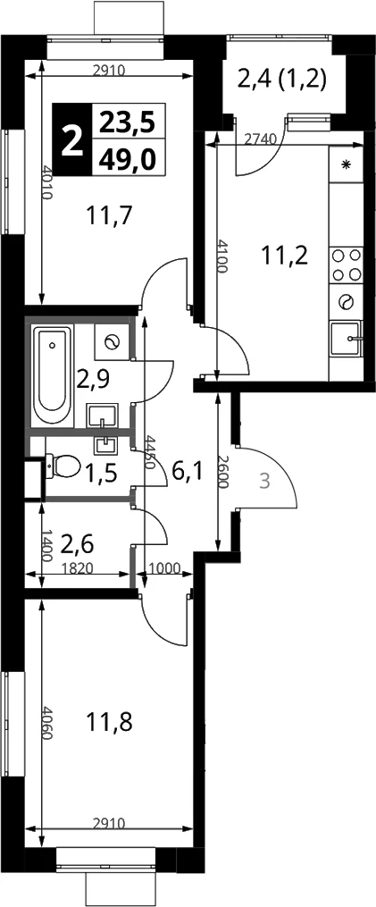 Планировка: 2-комнатная квартира 47,8 м² в ЖК «1-й Химкинский»