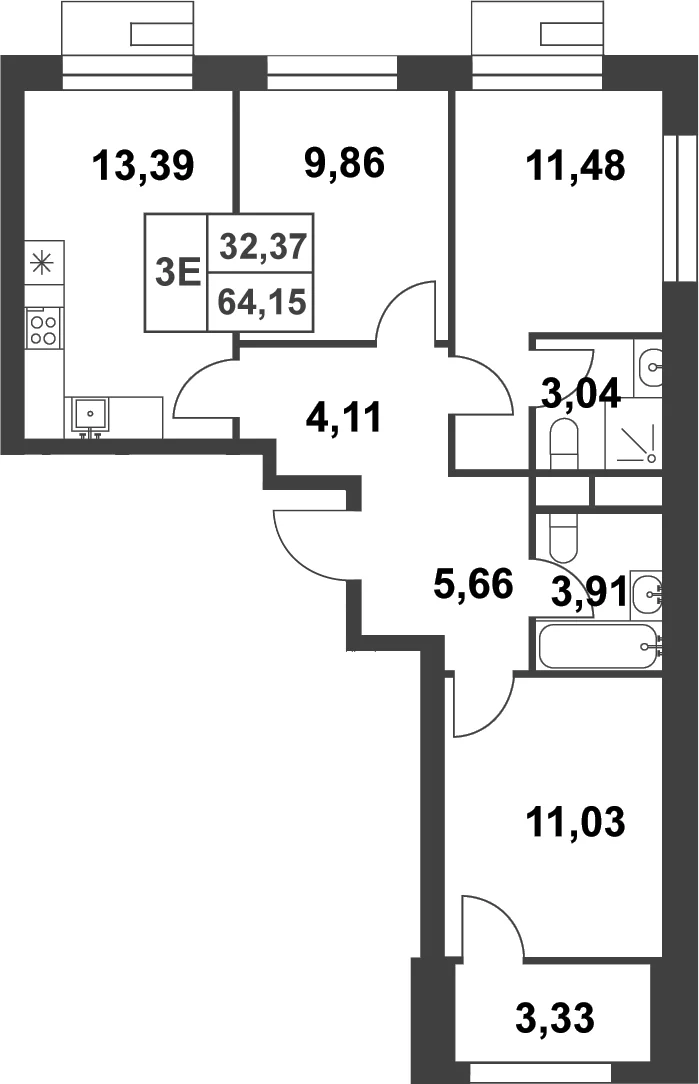 Планировка: 3-комнатная квартира 62,5 м² в ЖК «Смарт Гарден»