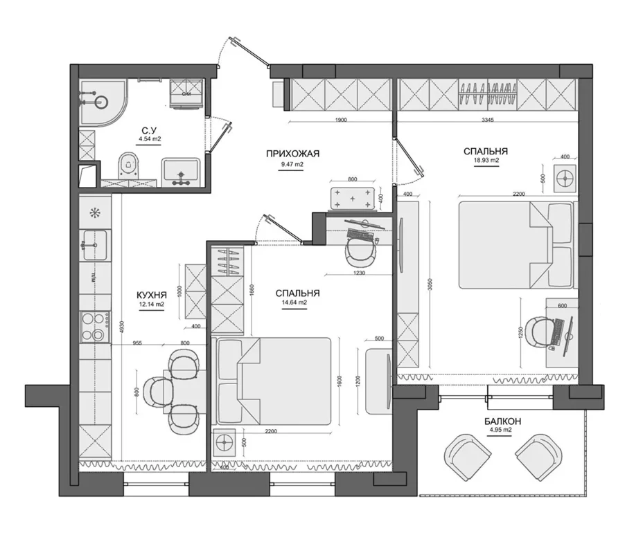 Планировка: 2-комнатная квартира 59,4 м² в ЖК «Лесной»