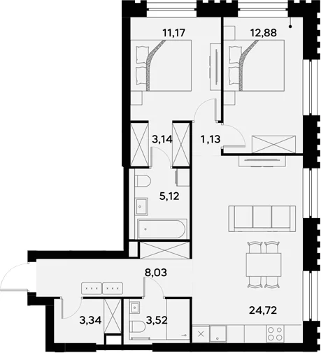 Планировка: Евротрёшка 73,1 м² в ЖК «УЛЬТИМА Сити»