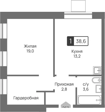 Планировка: 1-комнатная квартира 38,6 м² в ЖК «Отрада 3»