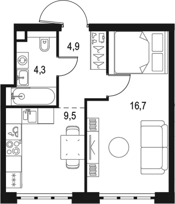 Планировка: 1-комнатная квартира 35,4 м² в ЖК «Левел Южнопортовая»