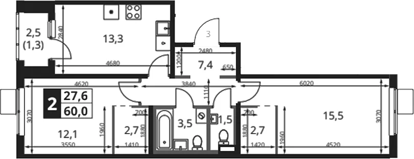 Планировка: 2-комнатная квартира 58,7 м² в ЖК «1-й Ясеневский»