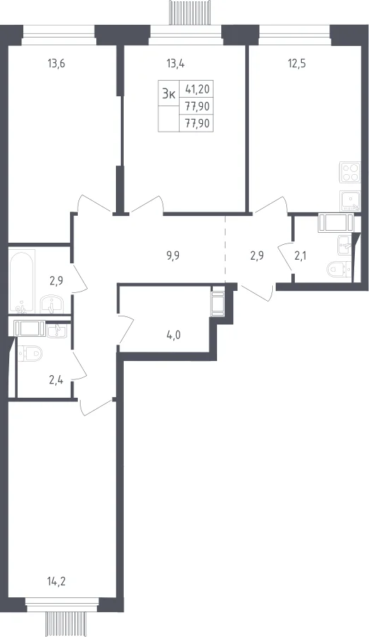 Планировка: 3-комнатная квартира 77,9 м² в ЖК «Мытищи Парк»
