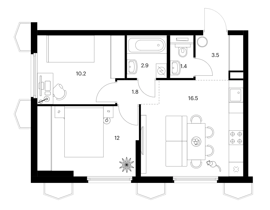 Планировка: 2-комнатная квартира 48,3 м² в ЖК «Бусиновский парк»