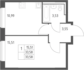 Планировка: 1-комнатная квартира 33,6 м² в ЖК «Большое Юрлово»