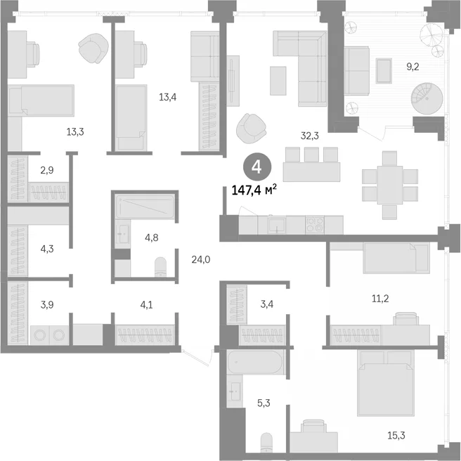 Планировка: 4-комнатная квартира 138,2 м² в ЖК «Квартал Издание»
