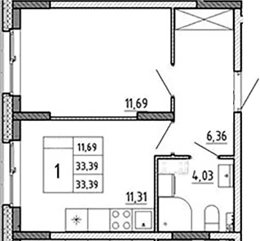 Планировка: 1-комнатная квартира 33,4 м² в ЖК «Аннино Сити»