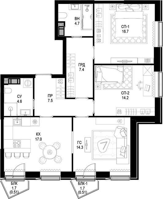 Планировка: 3-комнатная квартира 86,4 м² в ЖК Трилогия «Кристалл»
