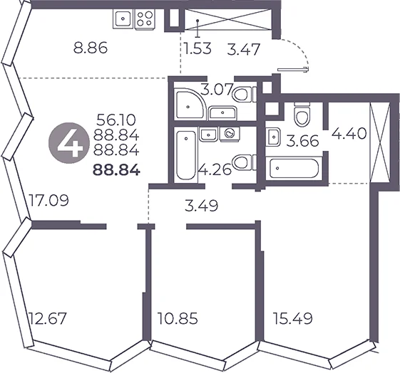 Планировка: 3-комнатная квартира 88,8 м² в ЖК «Мневники от Гранель»