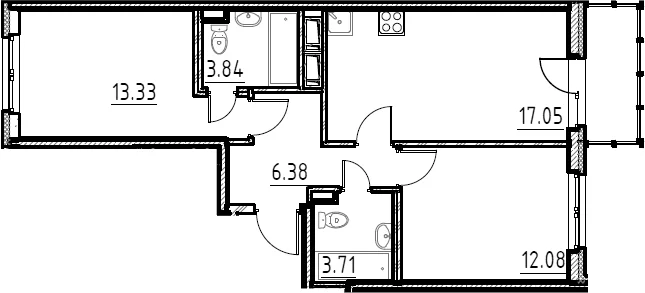 Планировка: Евротрёшка 56,4 м² в ЖК «Аэросити»