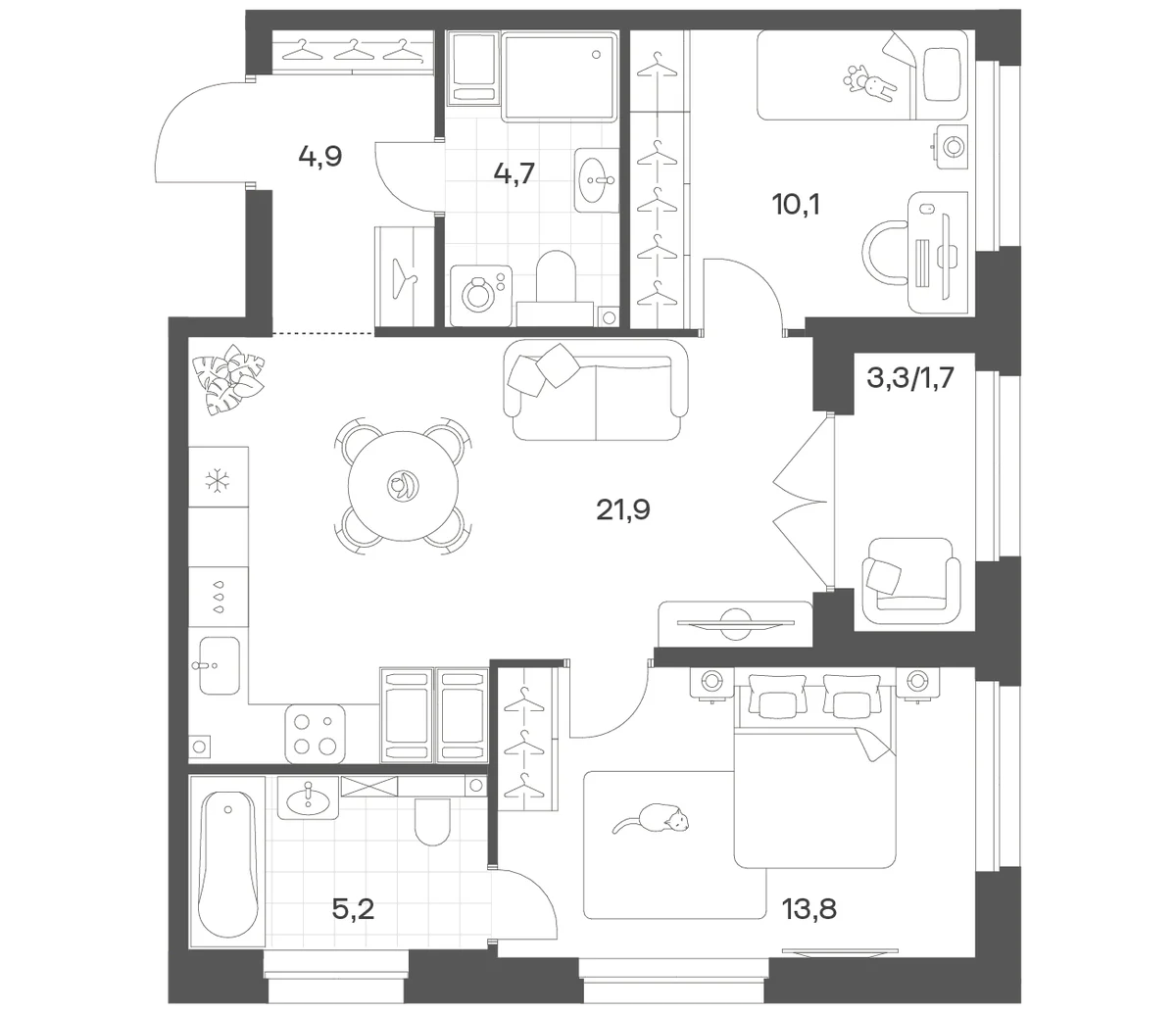 Планировка: Евротрёшка 60,6 м² в ЖК «Речной Квартал»