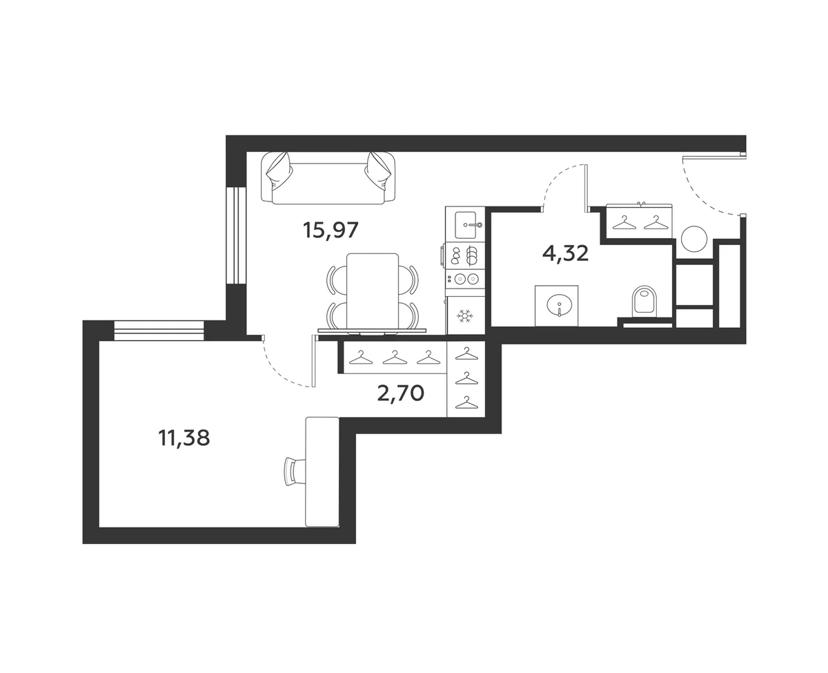 Планировка: 1-комнатная квартира 34,4 м² в ЖК «МФК SAAN»