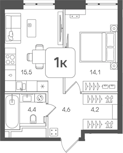 Планировка: 1-комнатная квартира 42,8 м² в ЖК «Мангазея на Речном»